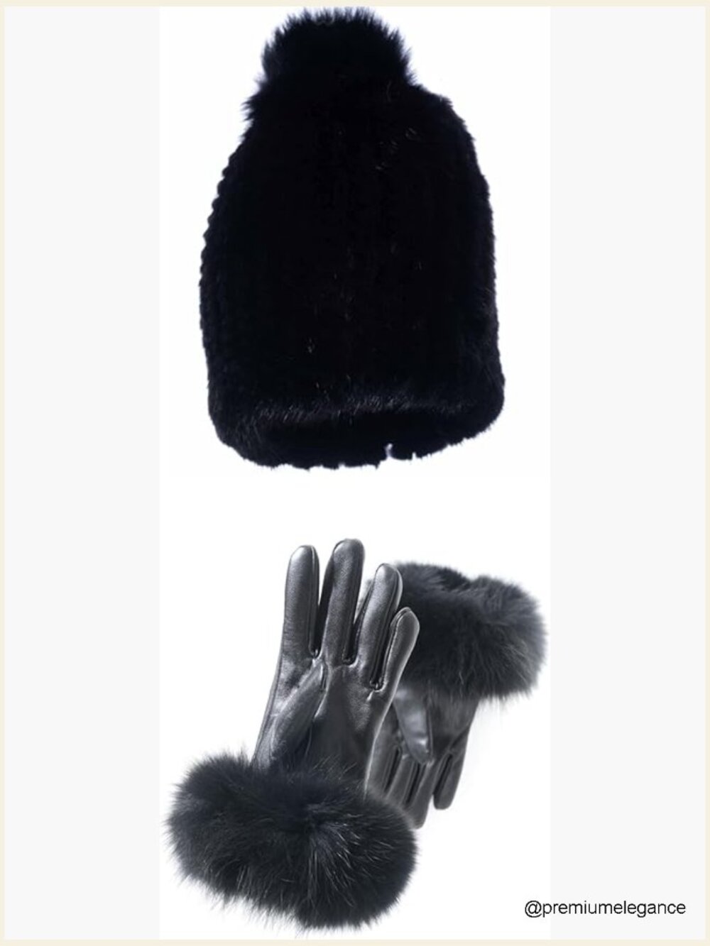 Lambskin Leather Gloves with Fox Fur Cuffs & Knitted Beanie with Mink Fur Pom